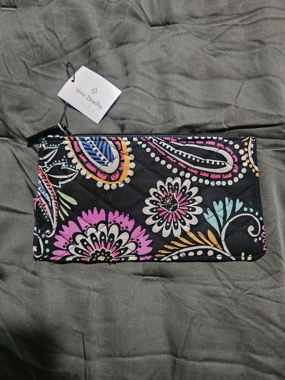 Vera Bradley Black Quilted Wristlet with Pink, Teal & Yellow Paisley
